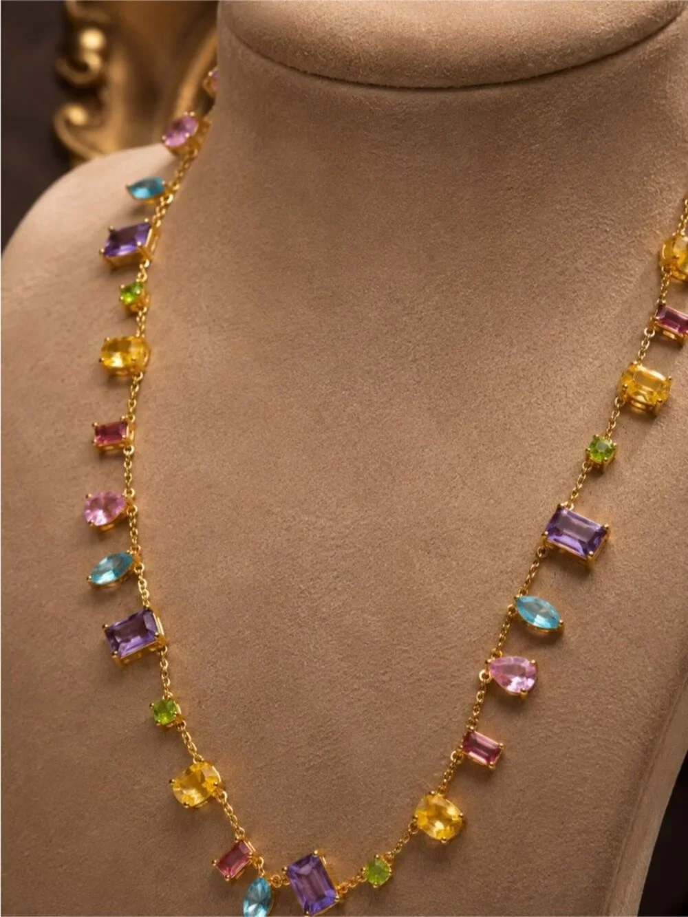 Gold plated Multigemstone Station Necklace — Purple, Pink, Blue & Yellow